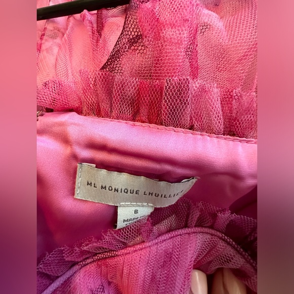 ML Monique Lhuillier Pleated Printed Tulle Midi Dress Women Size 8 - Picture 11 of 14